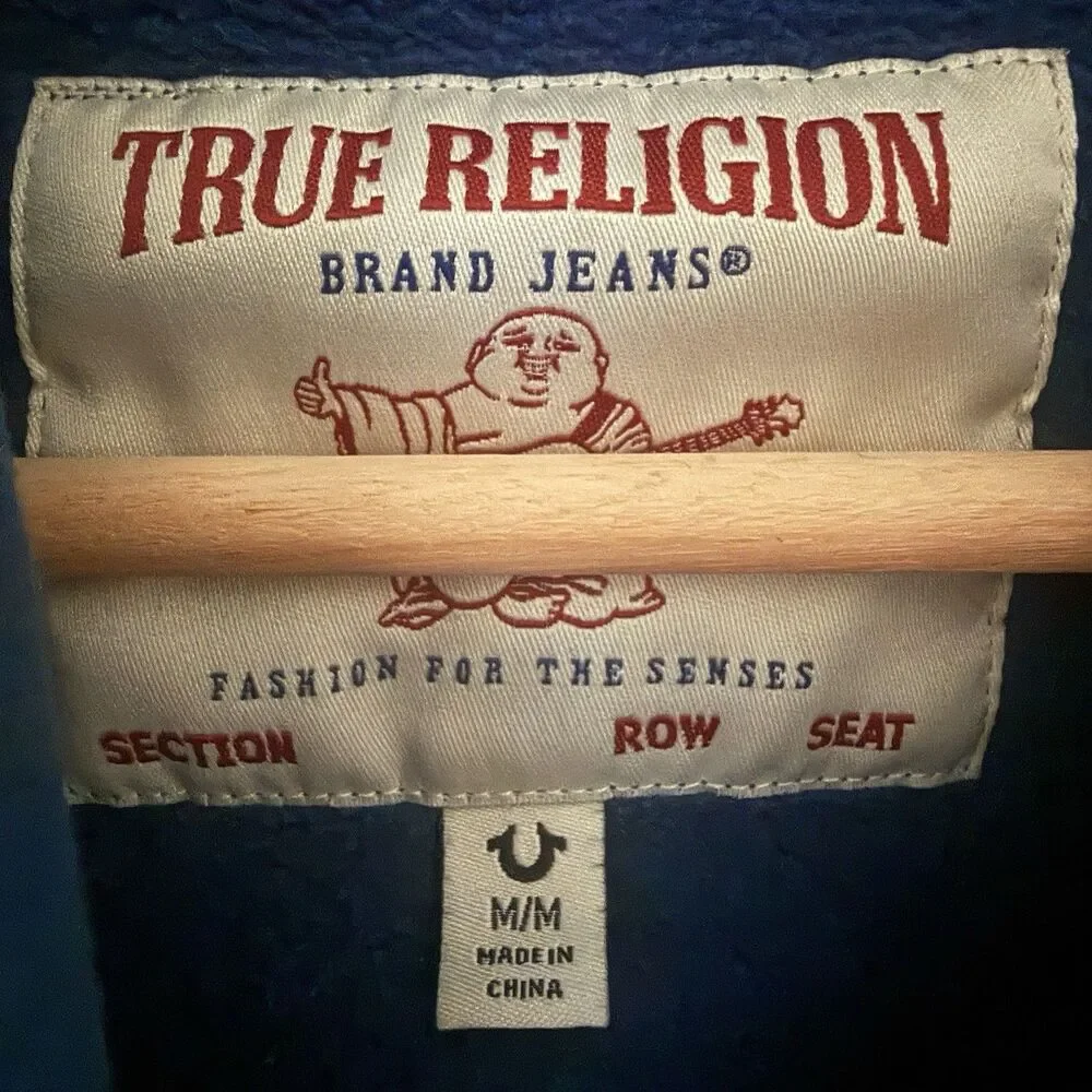 True Religion Big T Zip Up Hoodie Posiedon Blue Full Zip Jacket Medium